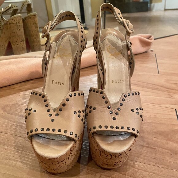 Christian Louboutin Cork & Leather Platform Sandals – Size 37.5 (Red Bottoms) - Picture 1 of 7